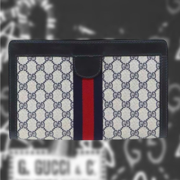 GUCCI GG Supreme Sherry Line Clutch Bag Navy Red - Picture 3 of 15